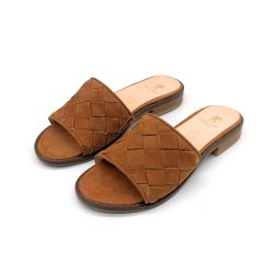 Werner 1911 Bio-Peeptoe-Mules Blauregen in Cognac mit Flecht-Riemen